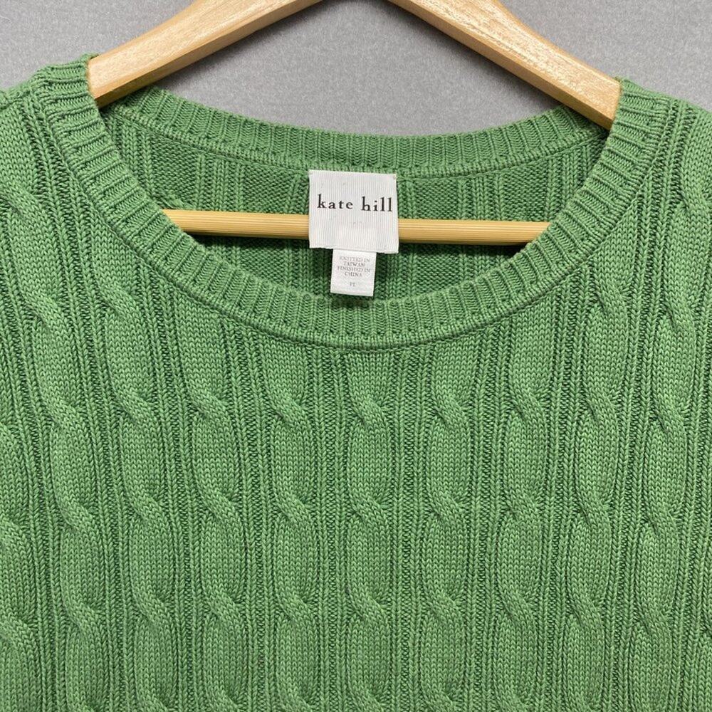 Kate Hill Sweater Womens Petite Large Green Cable Knit Pima Cotton Preppy - Picture 4 of 12